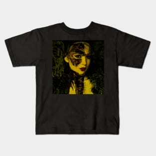 Beautiful girl, with mask. Like royal, but dark. Yellow and green light, red lips. So beautiful and calm. Kids T-Shirt